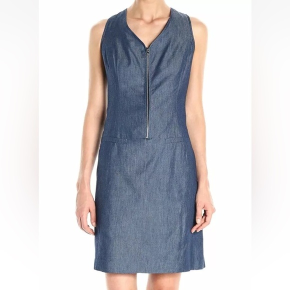 Nine West Chambray Denim Sleeveless Sheath Mini Dress Denim Silver Zip Front - Picture 1 of 13